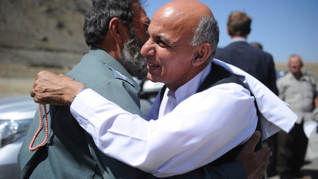 Ashraf Ghani is greeted during a visit to Panjshir Province