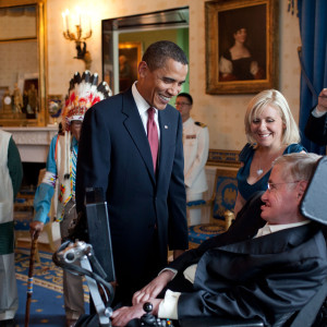 President Barack Obama talks with Stephen Hawking in the Blue Room of the White House before a ceremony presenting him and 15 others the Presidential Medal of Freedom, August 12, 2009.